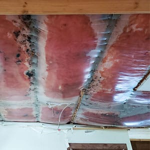 Leaky roof from the inside of the Boise home showing wet insulation and needing water damage restoration