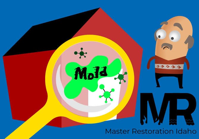 Man looking at magnifying glass showing mold in front of his house with the Master Restoration Idaho logo